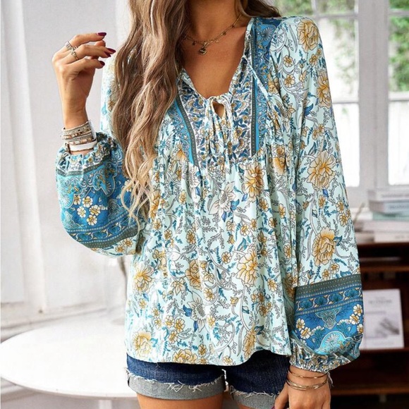 Boho Floral Print neck tie blouse - Picture 1 of 9